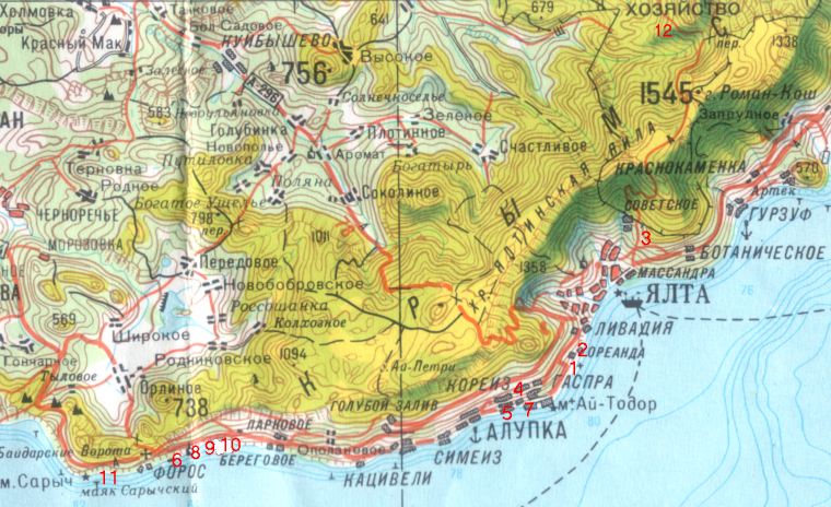 Карта ЮБК с месторасположением госдач